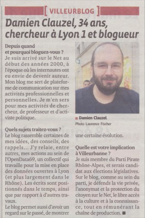 Le Progrès-Villeurbanne - 28-04-2012 - page 33 - Damien Clauzel, 34 ans, chercheur à Lyon 1 et blogueur